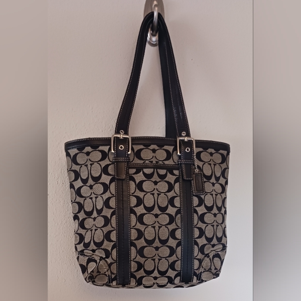 Coach Signature Black and Grey Zip Tote Bag Purse Canvas